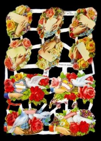 Glanzbilder mit Silber-Glimmer - Rosenstrauß und Tauben in Rosen Glanzbilder mit Silber-Glimmer - Rosenstrauß und Tauben in Rosen