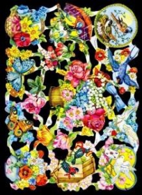 Glanzbilder mit Silber-Glimmer - Blumen mit Vögeln und Schmetterlinge