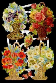 Glanzbilder mit Silber-Glimmer - vier Blumenkörbe