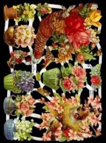 Glanzbilder mit Silber-Glimmer - Blumen in Körben, Vasen und ein Vogelnest