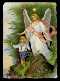 Glanzbilder mit Silber-Glimmer - großer Schutzengel mit Kind