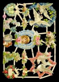 Glanzbilder mit Silber-Glimmer - Blumen mit Tauben und Kinderkopf