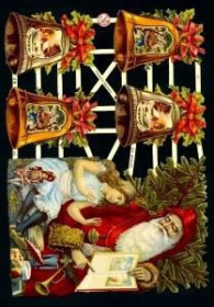 Glanzbilder mit Gold-Glimmer - großer Weihnachtsmann mit Kind und vier Glocken. Glanzbilder mit Gold-Glimmer - großer Weihnachtsmann mit Kind und vier Glocken.