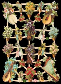 Glanzbilder mit Silber-Glimmer - Musikinstrumente mit Blumen verziert