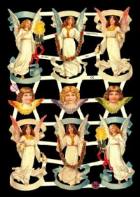 Glanzbilder mit Silber-Glimmer - 6 schwebende Engel & 3 Engelköpfe