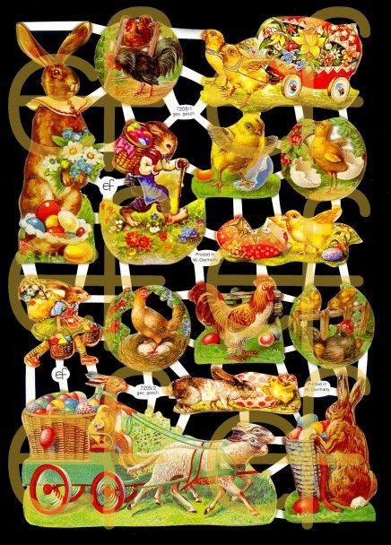 Glanzbilder mit Silber-Glimmer - Osterhasen, Küken und Ostereier