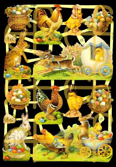 Glanzbilder mit Silber-Glimmer - Osterhasen, Küken und Ostereier