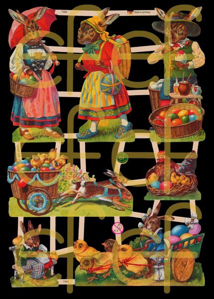 Glanzbilder mit Silber-Glimmer - 7 Osterhasen, Hennen und Küken