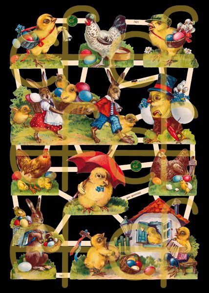 Glanzbilder mit Silber-Glimmer - 10 Motive mit Küken, Hennen und Osterhasen